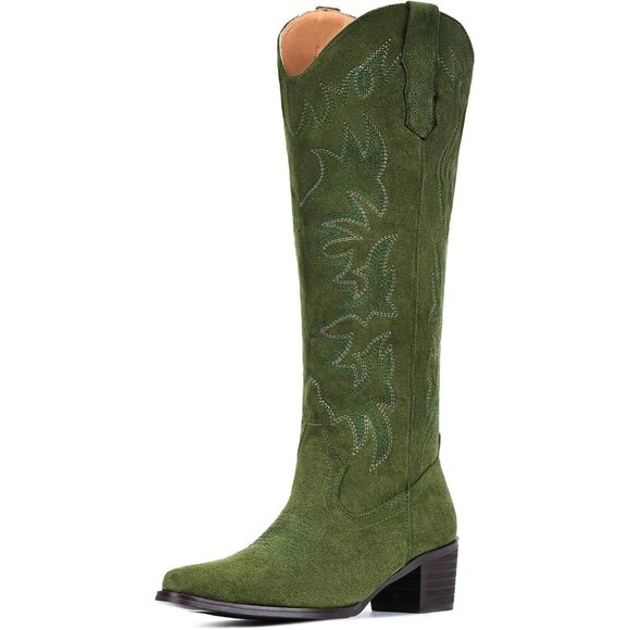 Women Faux Leather Suede Green Side Zipper Chunky Heel Knee High Western Boots - Picture 2 of 6